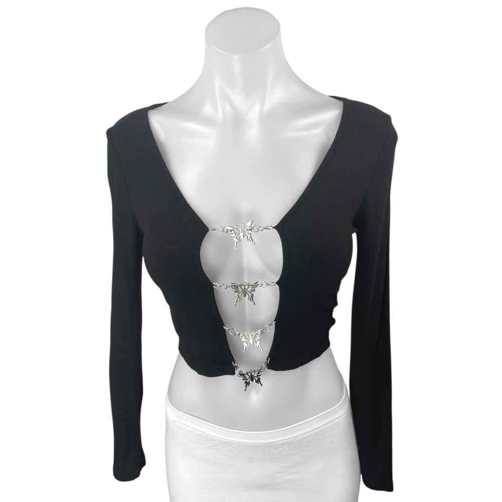 Shein Women's Black Butterfly Chain Front Rib Knit Cutout Long Sleeve Crop Top 2